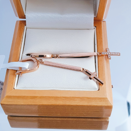 Long Golden earrings with litlle crosses covered white zirconia stones